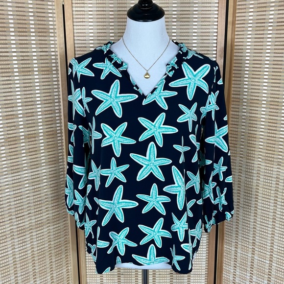 Crown & Ivy Turquoise Starfish Ruffle Top - Picture 1 of 10